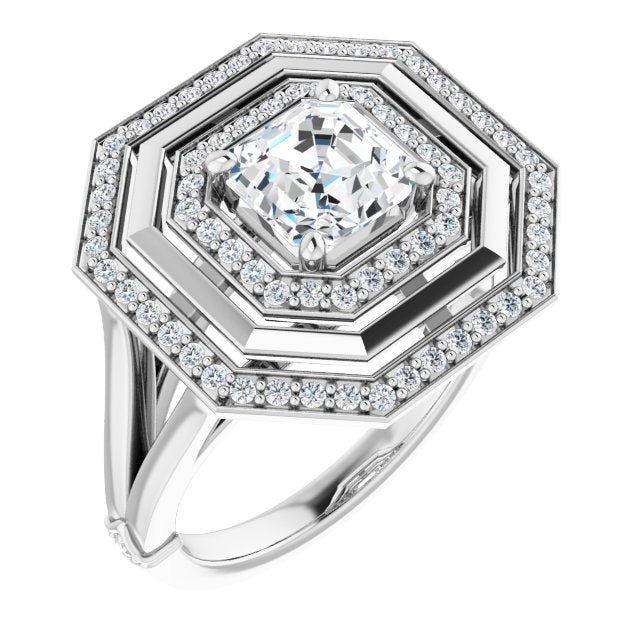10K White Gold Customizable Asscher Cut Oversized 2x Halo Style with Knuckle Accented Split Band
