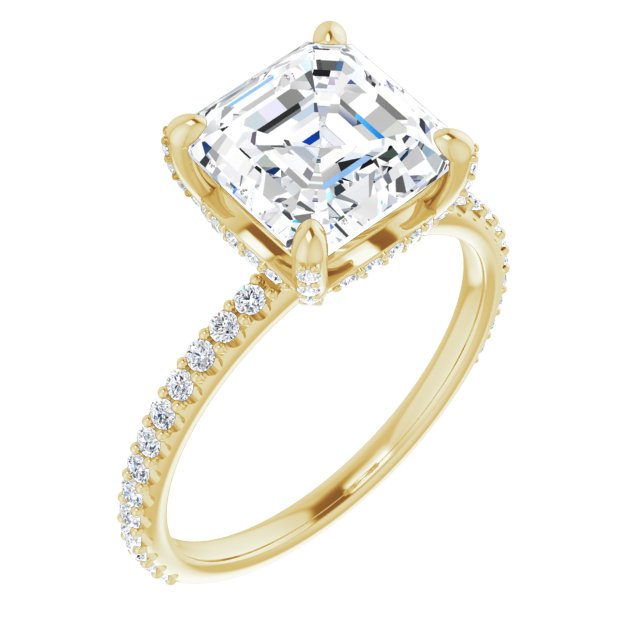 10K Yellow Gold Customizable Asscher Cut Design with Round-Accented Band, Micropav? Under-Halo and Decorative Prong Accents)