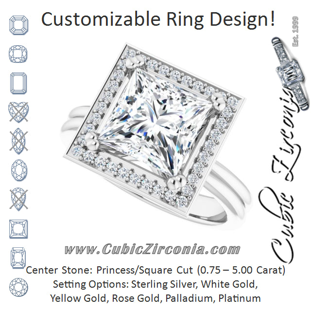 Cubic Zirconia Engagement Ring- The Jeanine Marie (Customizable Princess/Square Cut Style with Scooped Halo and Grooved Band)
