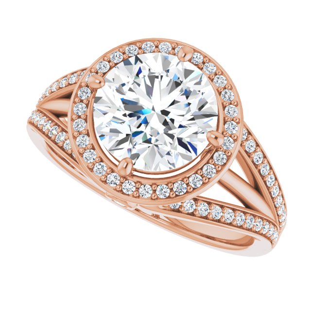 Cubic Zirconia Engagement Ring- The Hanna Jo (Customizable High-set Round Cut Design with Halo, Wide Tri-Split Shared Prong Band and Round Bezel Peekaboo Accents)