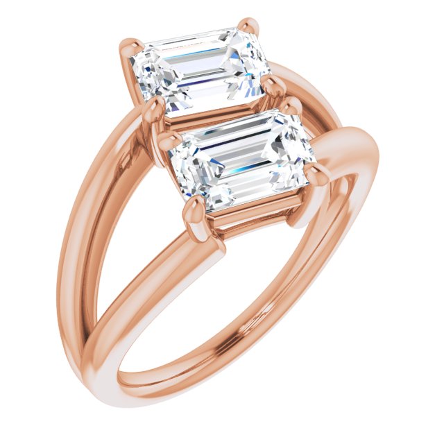 10K Rose Gold Customizable Two Stone Double Emerald/Radiant Cut Design with Split Bypass Band
