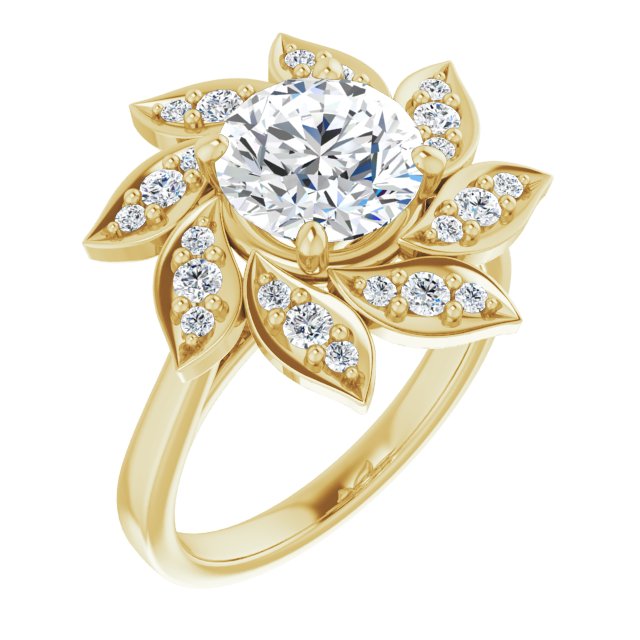 14K Yellow Gold Customizable Round Cut Design with Artisan Floral Halo