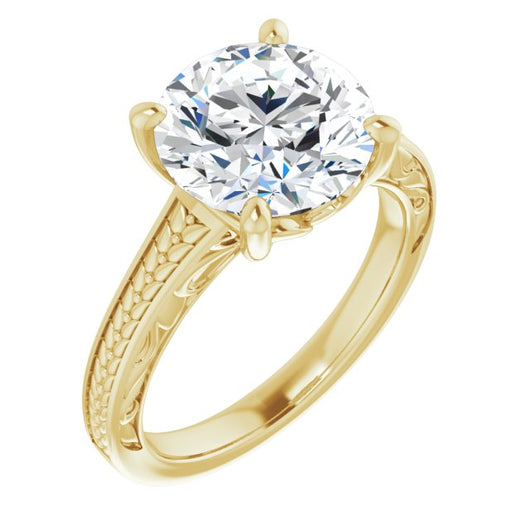 10K Yellow Gold Customizable Round Cut Solitaire with Organic Textured Band and Decorative Prong Basket