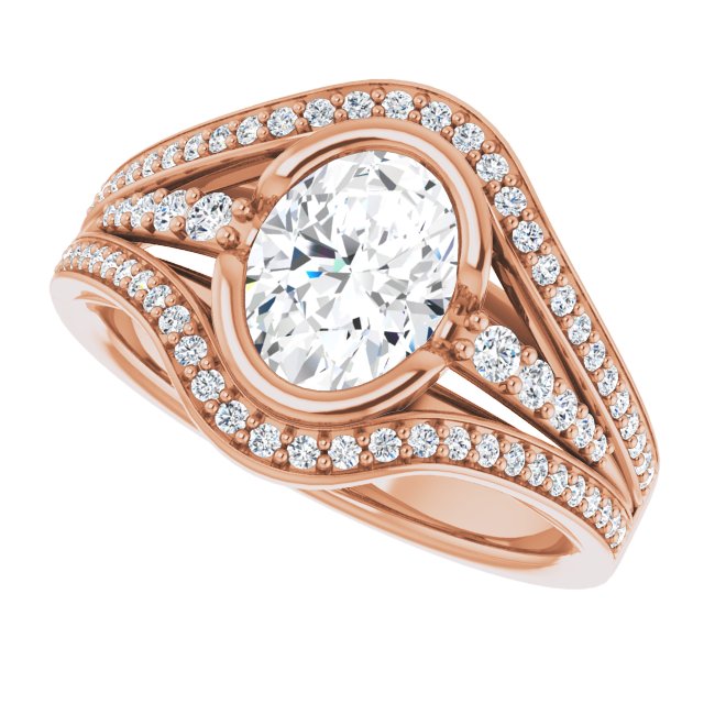 Cubic Zirconia Engagement Ring- The Paola (Customizable Cathedral-Bezel Oval Cut Design with Wide Triple-Split-Pavé Band)
