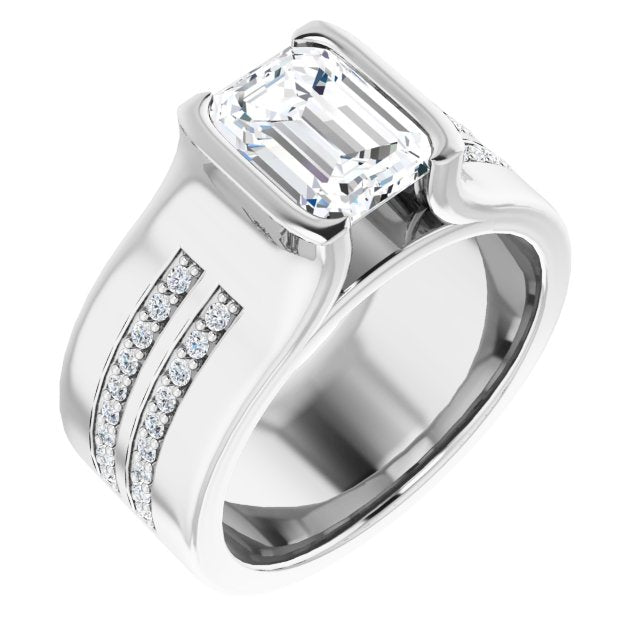 Cubic Zirconia Engagement Ring- The Jennifer (Customizable Bezel-set Emerald Cut Design with Thick Band featuring Double-Row Shared Prong Accents)