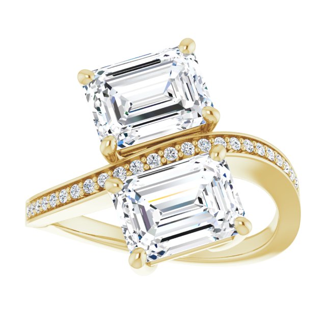 Cubic Zirconia Engagement Ring- The Ellie (Customizable 2-stone Emerald Cut Bypass Design with Thin Twisting Shared Prong Band)