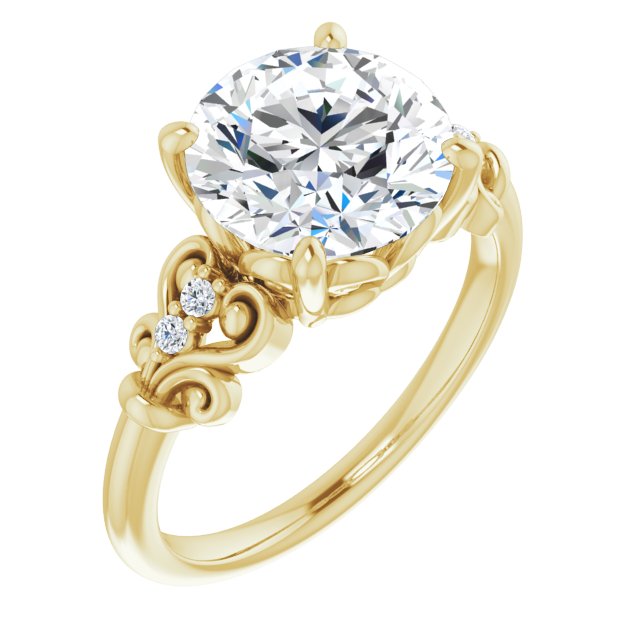 18K Yellow Gold Customizable Vintage 5-stone Design with Round Cut Center and Artistic Band Décor