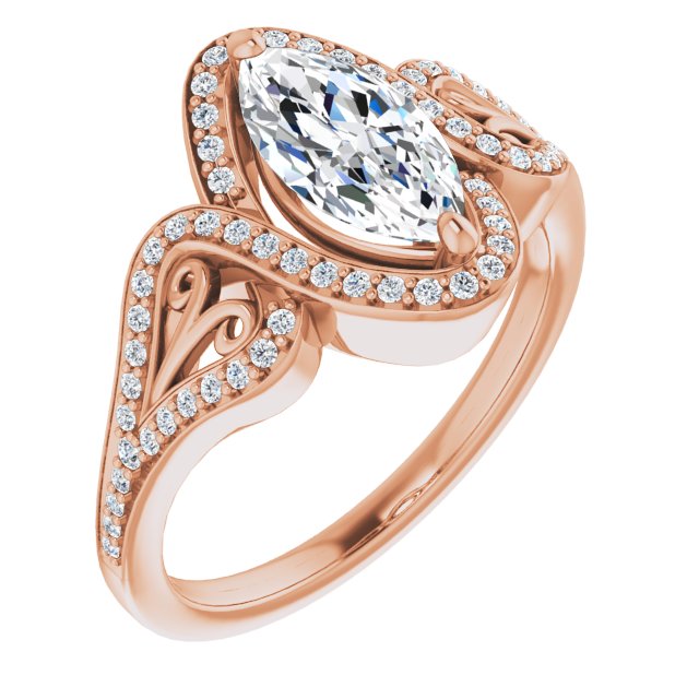 10K Rose Gold Customizable Marquise Cut Design with Bypass Halo and Split-Shared Prong Band