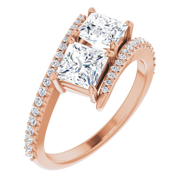10K Rose Gold Customizable Double Princess/Square Cut 2-stone Design with Ultra-thin Bypass Band and Pavé Enhancement
