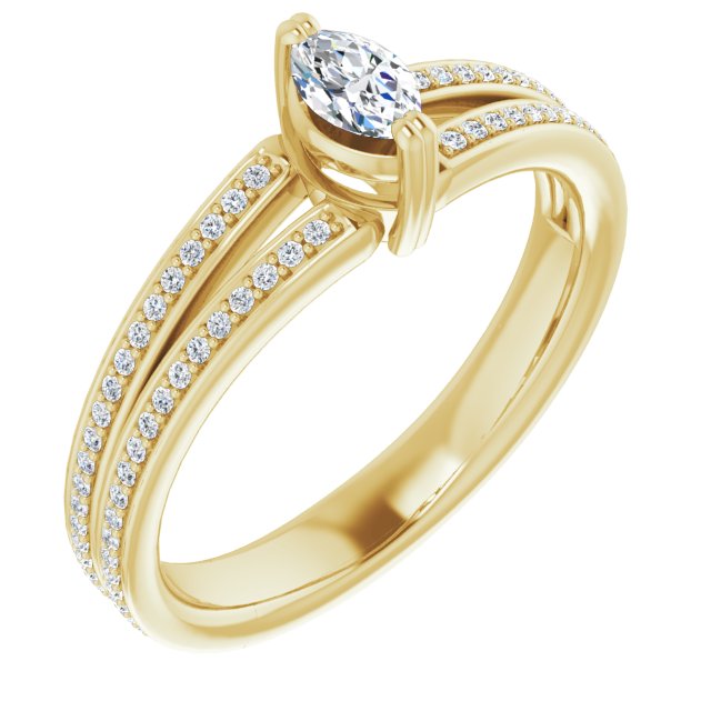 10K Yellow Gold Customizable Marquise Cut Center with 100-stone* "Waterfall" Pavé Split Band