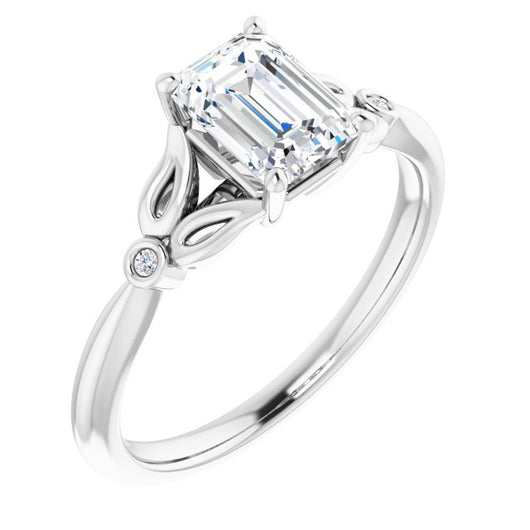 10K White Gold Customizable 3-stone Emerald/Radiant Cut Design with Thin Band and Twin Round Bezel Side Stones