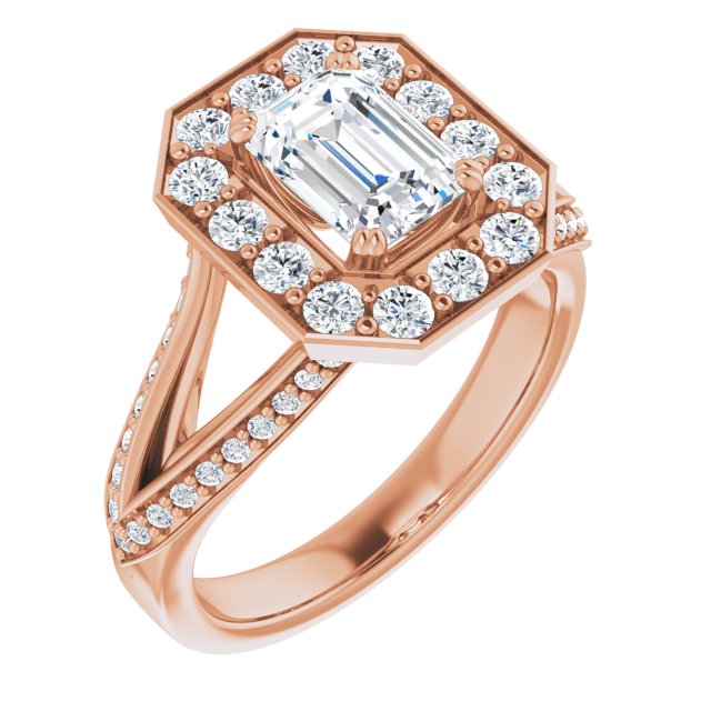 10K Rose Gold Customizable Emerald/Radiant Cut Center with Large-Accented Halo and Split Shared Prong Band