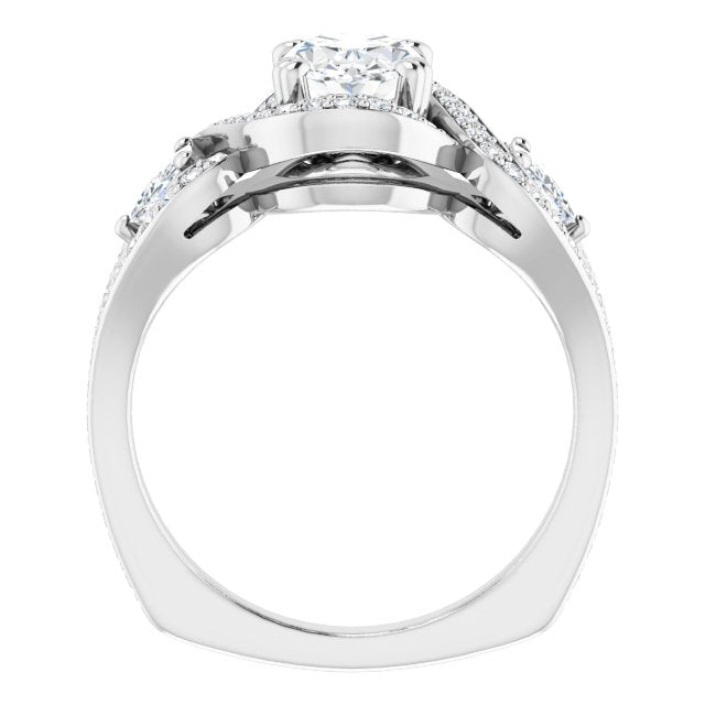 Cubic Zirconia Engagement Ring- The Ana Miranda (Customizable Oval Cut Center with Twin Trillion Accents, Twisting Shared Prong Split Band, and Halo)