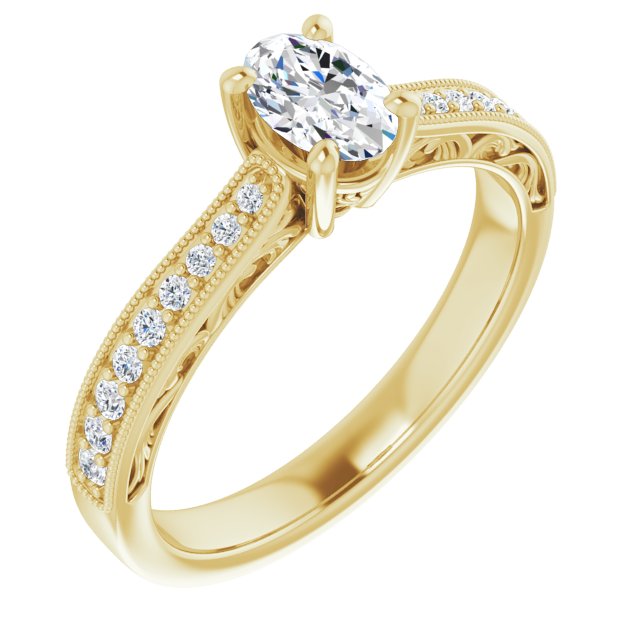 10K Yellow Gold Customizable Oval Cut Design with Round Band Accents and Three-sided Filigree Engraving
