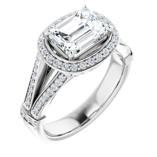 Cubic Zirconia Engagement Ring- The Cecelia (Customizable Radiant Cut Horizontal Setting with Halo, Under-Halo Trellis Accents and Accented Split Band)