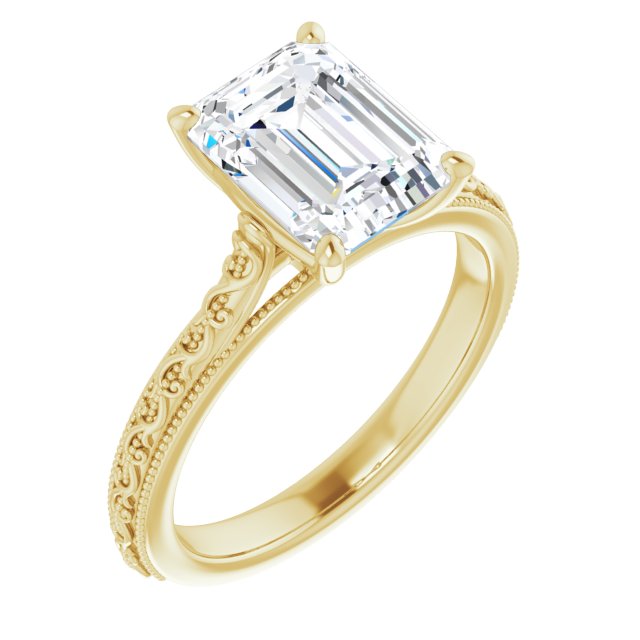 10K Yellow Gold Customizable Emerald/Radiant Cut Solitaire with Delicate Milgrain Filigree Band