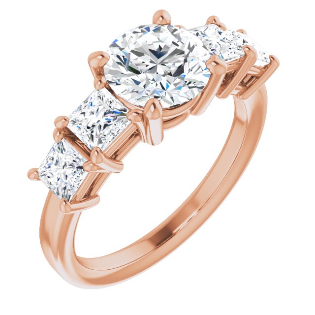 10K Rose Gold Customizable 5-stone Round Cut Style with Quad Princess-Cut Accents