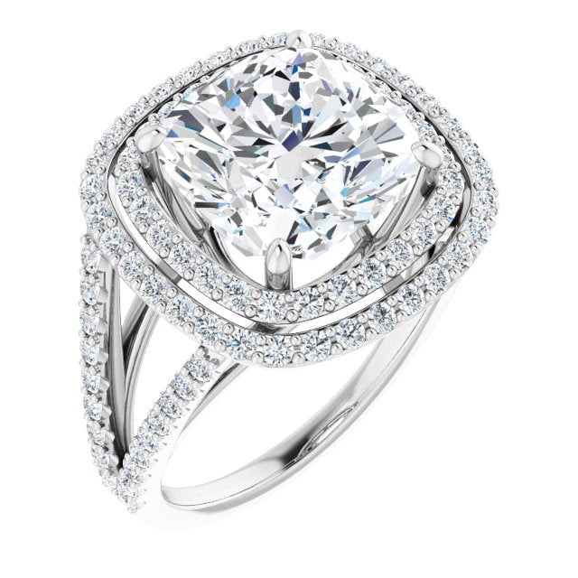 10K White Gold Customizable Cushion Cut Design with Double Halo and Wide Split-Pavé Band