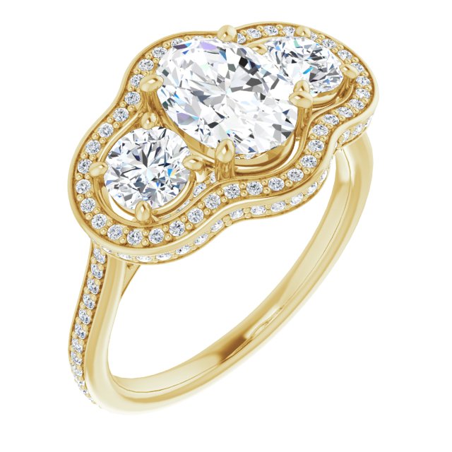 Cubic Zirconia Engagement Ring- The Iekika (Customizable 3-stone Oval Cut Design with Multi-Halo Enhancement and 150+-stone Pavé Band)