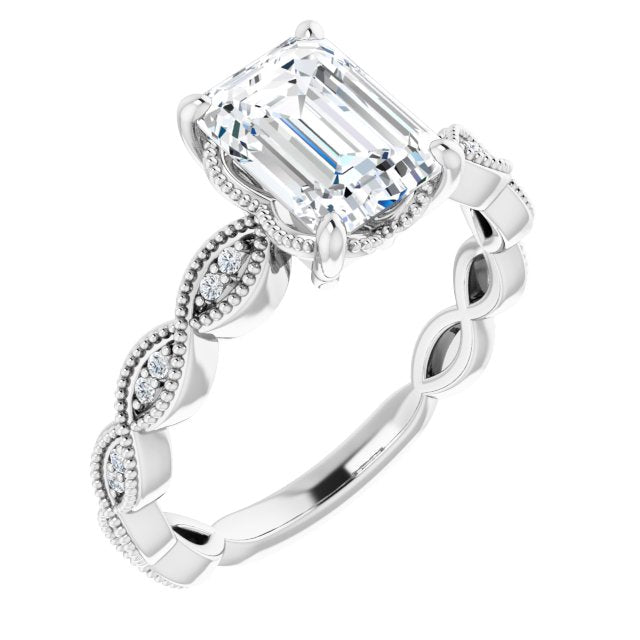 Cubic Zirconia Engagement Ring- The Shanice (Customizable Emerald Cut Artisan Design with Scalloped, Round-Accented Band and Milgrain Detail)