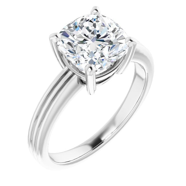 10K White Gold Customizable Cushion Cut Solitaire with Double-Grooved Band