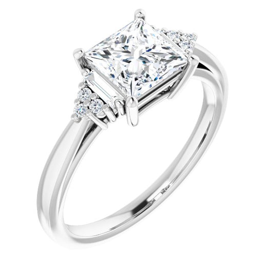 10K White Gold Customizable 9-stone Design with Princess/Square Cut Center, Side Baguettes and Tri-Cluster Round Accents