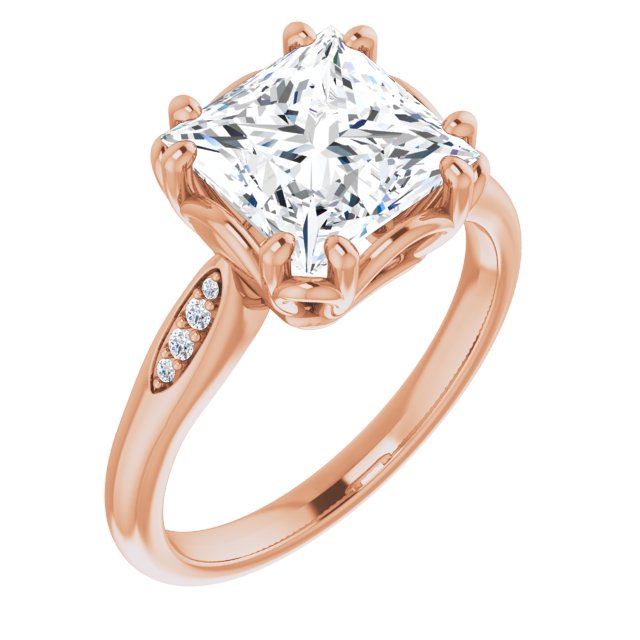 10K Rose Gold Customizable 9-stone Princess/Square Cut Design with 8-prong Decorative Basket & Round Cut Side Stones