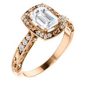 Cubic Zirconia Engagement Ring- The Sabrina (Customizable Emerald Cut Design with Flourished Semi-Halo, Band Accents and 3-sided Filigree)