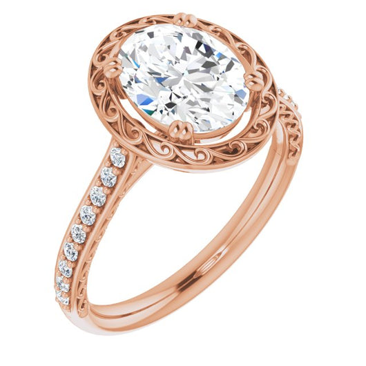 10K Rose Gold Customizable Oval Cut Halo Design with Filigree and Accented Band