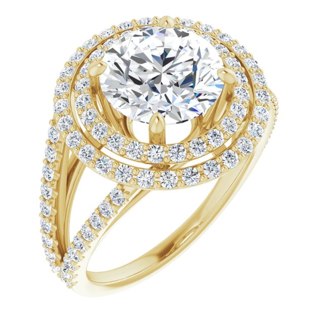 18K Yellow Gold Customizable Round Cut Design with Double Halo and Wide Split-Pavé Band