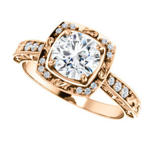 Cubic Zirconia Engagement Ring- The Sabrina (Customizable Round Cut Design with Flourished Semi-Halo, Band Accents and 3-sided Filigree)