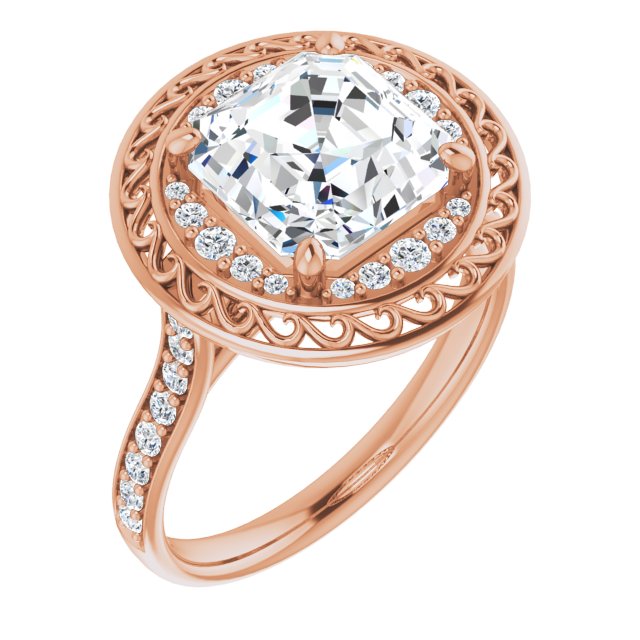 10K Rose Gold Customizable Cathedral-style Asscher Cut featuring Cluster Accented Filigree Setting & Shared Prong Band