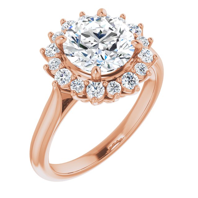 18K Rose Gold Customizable Crown-Cathedral Round Cut Design with Clustered Large-Accent Halo & Ultra-thin Band