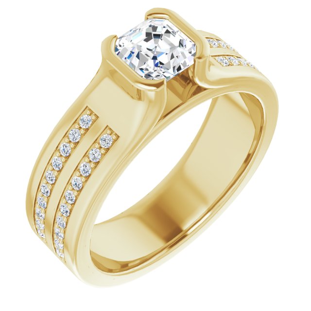 10K Yellow Gold Customizable Bezel-set Asscher Cut Design with Thick Band featuring Double-Row Shared Prong Accents
