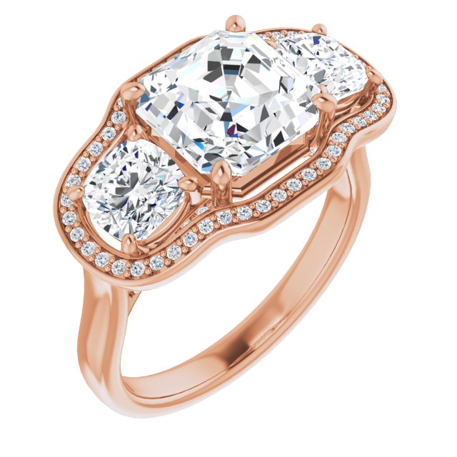 10K Rose Gold Customizable 3-stone Design with Asscher Cut Center, Cushion Side Stones, Triple Halo and Bridge Under-halo