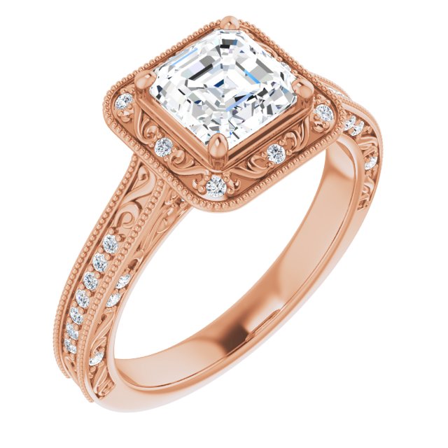 10K Rose Gold Customizable Vintage Artisan Asscher Cut Design with 3-Sided Filigree and Side Inlay Accent Enhancements