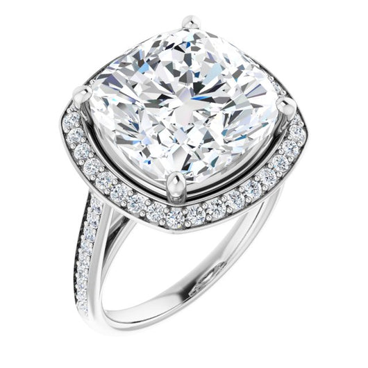 10K White Gold Customizable Cathedral-raised Cushion Cut Halo-and-Accented Band Design