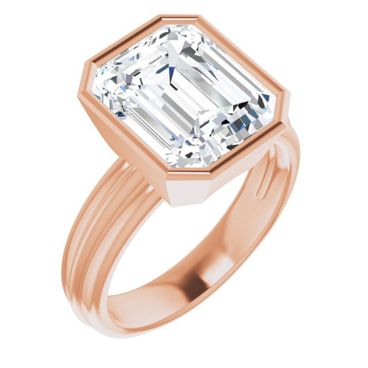 10K Rose Gold Customizable Bezel-set Emerald/Radiant Cut Solitaire with Grooved Band