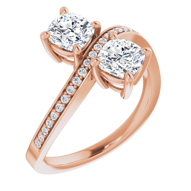 10K Rose Gold Customizable 2-stone Cushion Cut Bypass Design with Thin Twisting Shared Prong Band