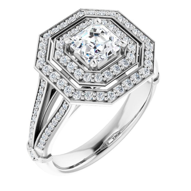 10K White Gold Customizable Cathedral-set Asscher Cut Design with Double Halo, Wide Split-Shared Prong Band and Side Knuckle Accents
