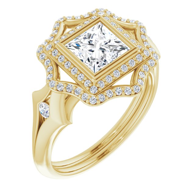 10K Yellow Gold Customizable Cathedral-bezel Princess/Square Cut Design with Floral Double Halo and Channel-Accented Split Band