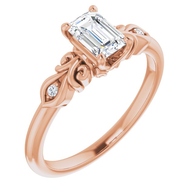 10K Rose Gold Customizable 3-stone Emerald/Radiant Cut Design with Small Round Accents and Filigree