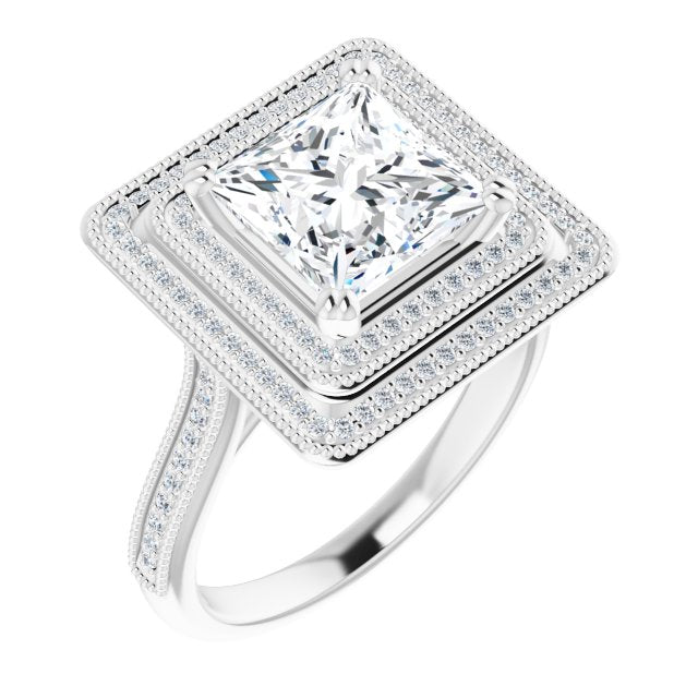 Cubic Zirconia Engagement Ring- The Aubriella (Customizable Princess/Square Cut Design with Elegant Double Halo, Houndstooth Milgrain and Band-Channel Accents)