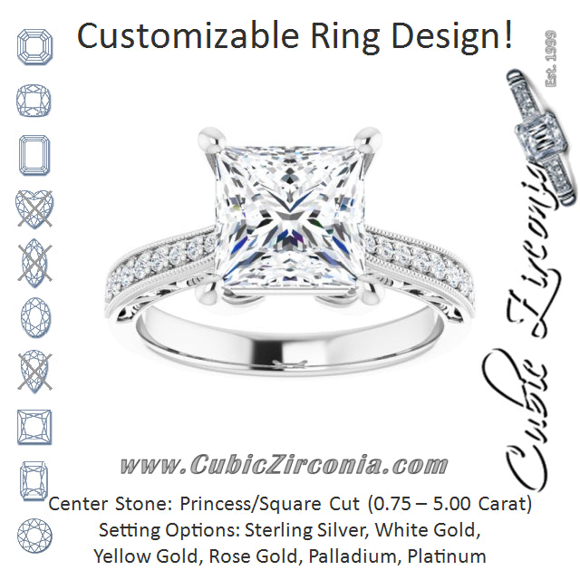 Cubic Zirconia Engagement Ring- The Lina (Customizable Princess/Square Cut Design with Round Band Accents and Three-sided Filigree Engraving)