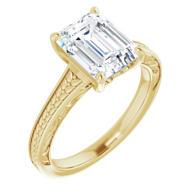 10K Yellow Gold Customizable Emerald/Radiant Cut Solitaire with Organic Textured Band and Decorative Prong Basket