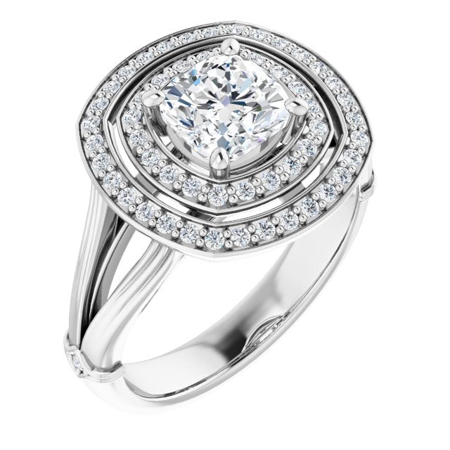 10K White Gold Customizable Cathedral-set Cushion Cut Design with Double Halo, Wide Split Band and Side Knuckle Accents