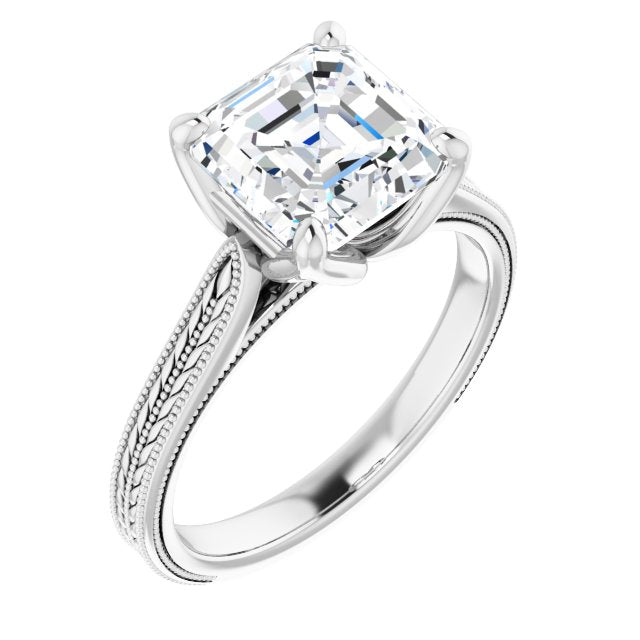 10K White Gold Customizable Asscher Cut Solitaire with Wheat-inspired Band 