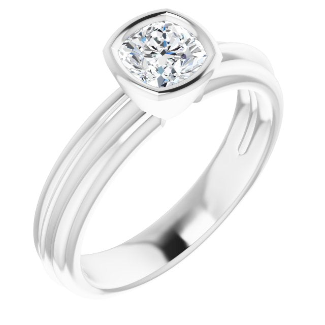 14K White Gold Customizable Bezel-set Cushion Cut Solitaire with Grooved Band