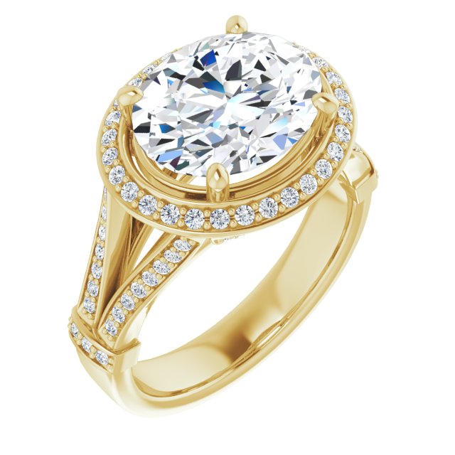 10K Yellow Gold Customizable Oval Cut Setting with Halo, Under-Halo Trellis Accents and Accented Split Band