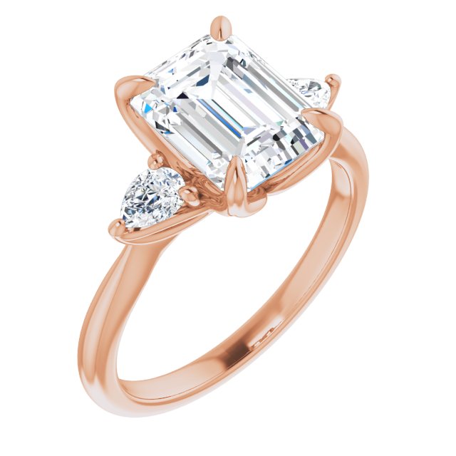 10K Rose Gold Customizable 3-stone Design with Emerald/Radiant Cut Center and Dual Large Pear Side Stones